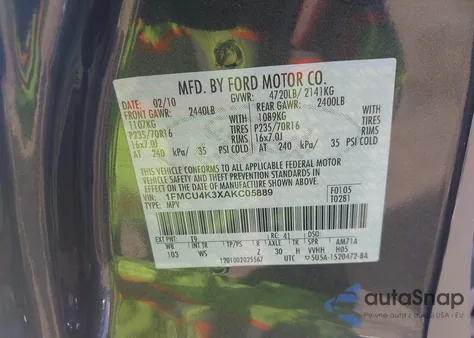 2010 Ford Escape Hybrid Limited z USA, uszkodzony, nr VIN 1FMCU4K3XAKC05889